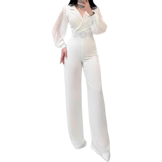 Formel Jumpsuit til Kvinder med Plisserede Lanterneærmer, Nedslået Krave, V-hals, Dekoration med Rhinestone-spænde, Vide Ben