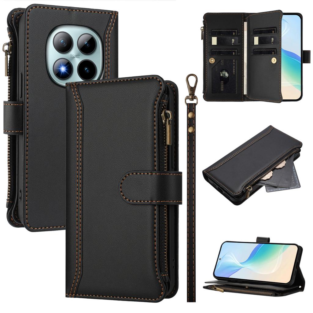 For Xiaomi Redmi Note 15 Pro+ 5G Leather Case 9 Card Slots Zipper Wallet Stand Phone Cover with Wrist Strap