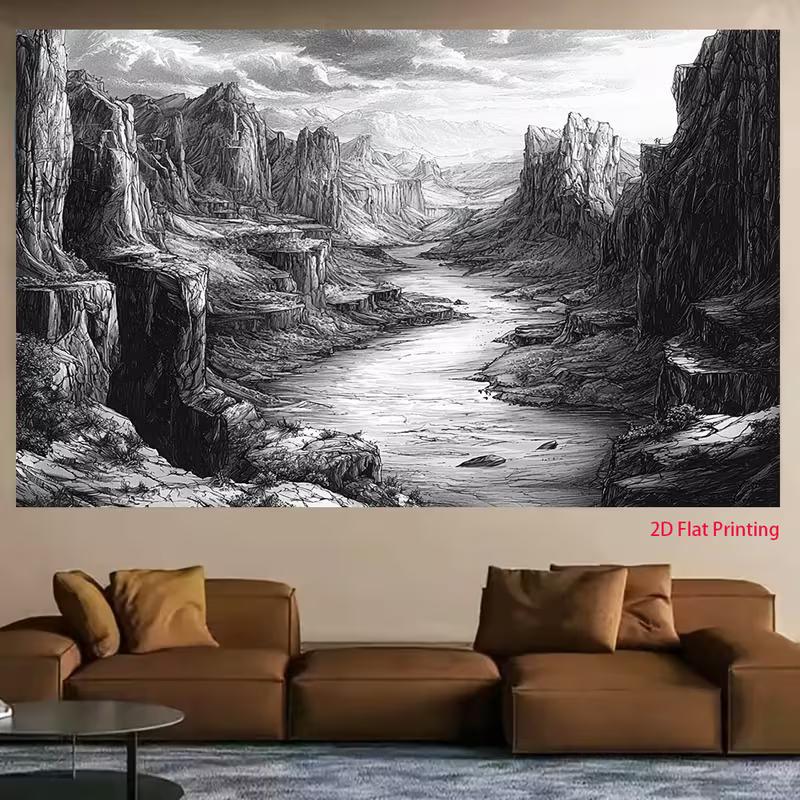 2D Schwarz-Weiß Fluss Schlucht Kulisse Bleistiftzeichnung Stil Fotografie Hintergrundtuch