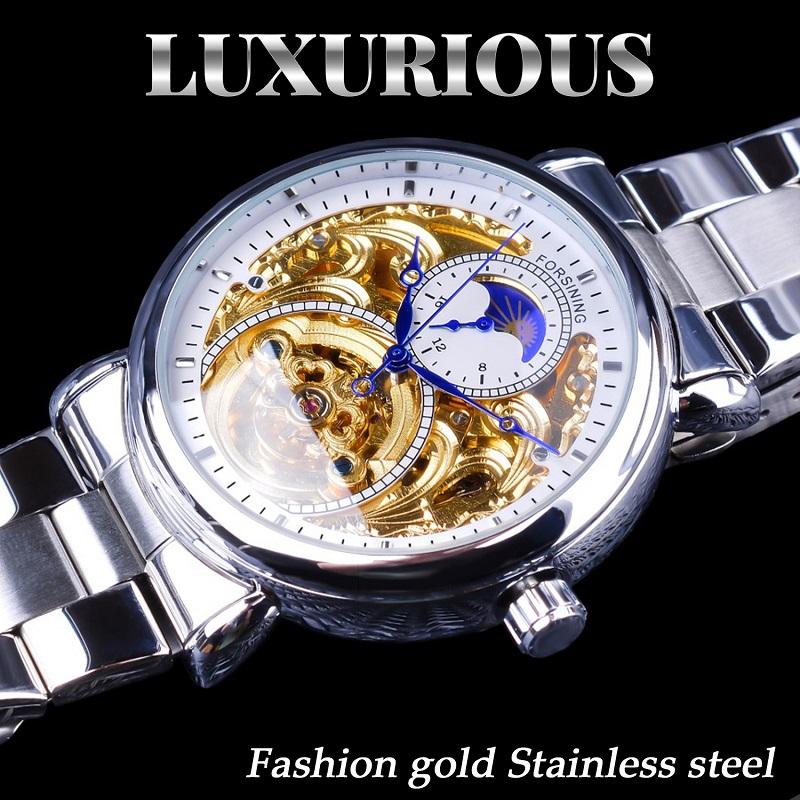 Forsining Orologio da uomo alla moda, per il tempo libero, con intagli lunari scavati e orologio meccanico scavato