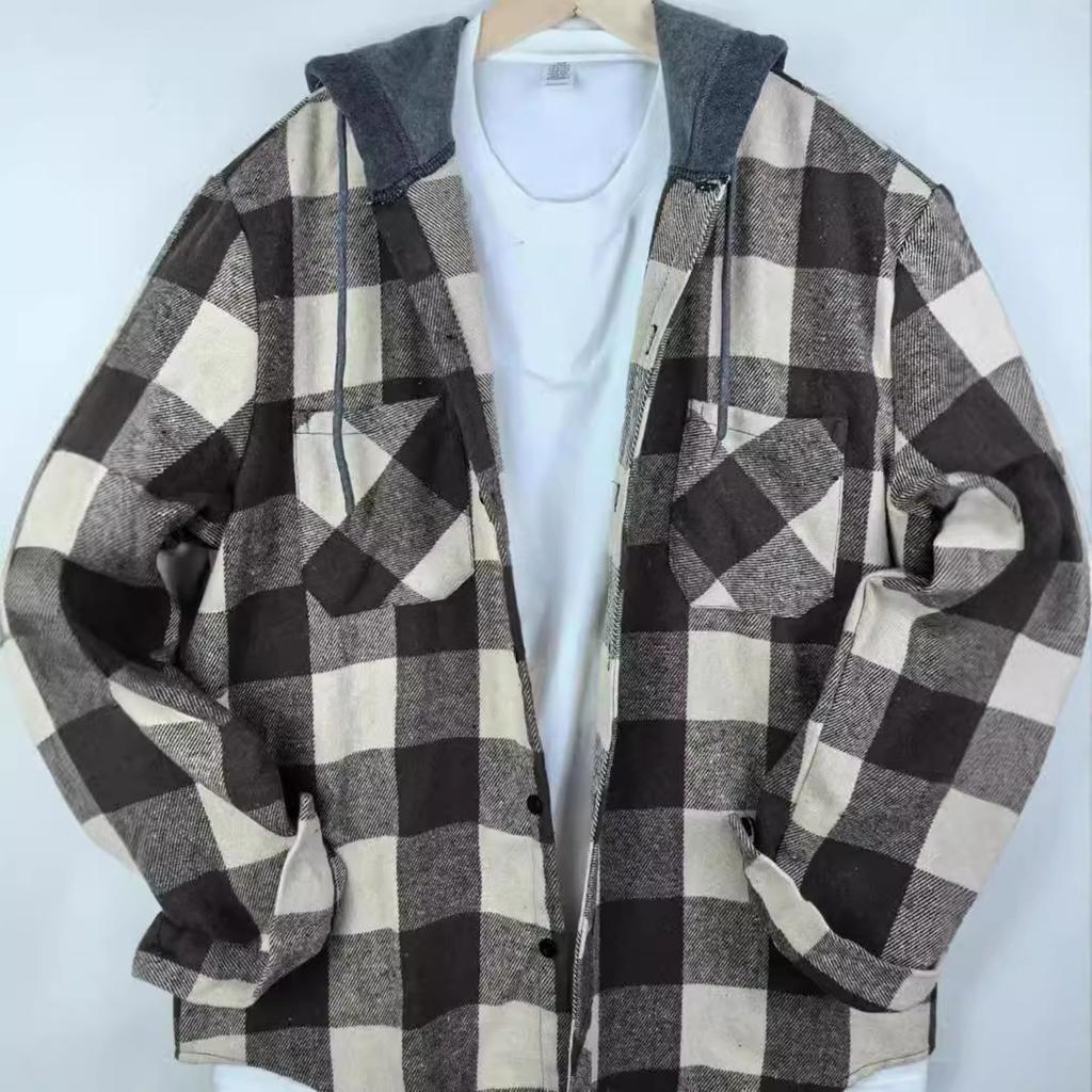 Men's Striped Plaid Casual Loose Button Lapel Long Sleeve Hooded Cardigan Shirt Jacket