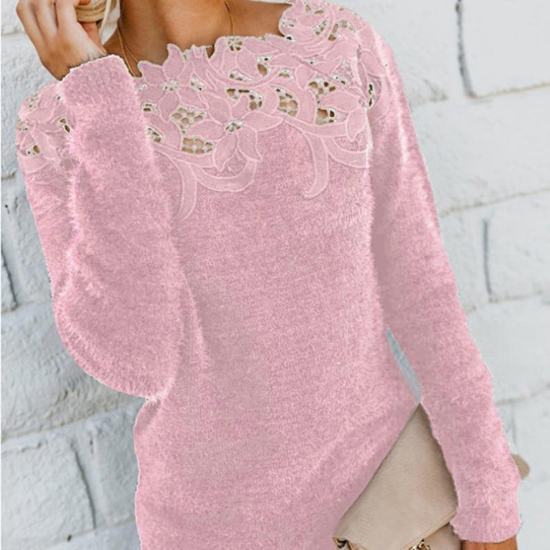 Hauts pour femmes Pull en dentelle creuse Col rond Manches longues Robe décontractée Slim Haut à manches longues pour femmes