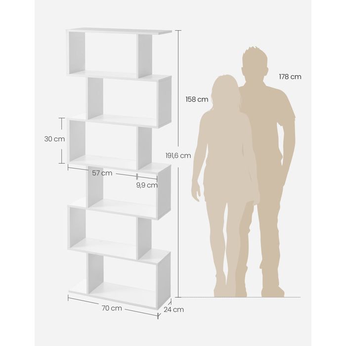 Bibliothèque, Étagère à 6 Niveaux, 24 x 70 x 191.6 cm, Meuble de rangement, Cloison Séparateur, Moderne,Blanc Nuage