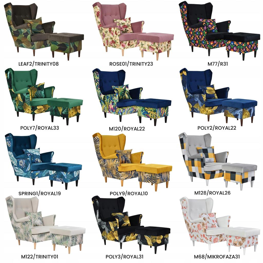 Fotel uszak Ari Print Duo z podnóżkiem, skandynawski Family Meble pufa