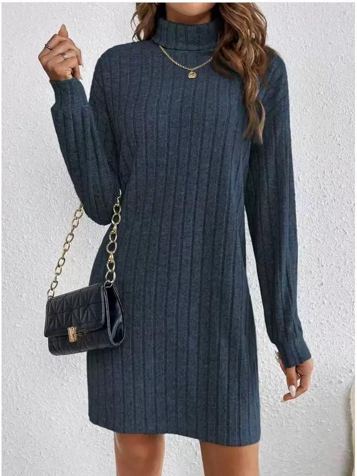2026 Fall/Winter Women's Casual Solid Color High Neck Long Sleeve Knitted Dress