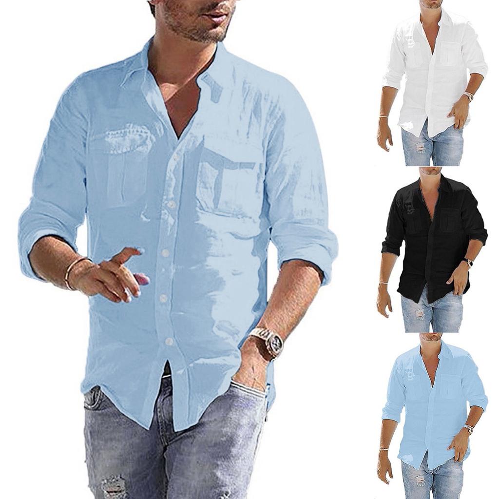 Men's Baggy Cotton Linen Pocket Long Sleeve Retro T Shirts Tops Blouse