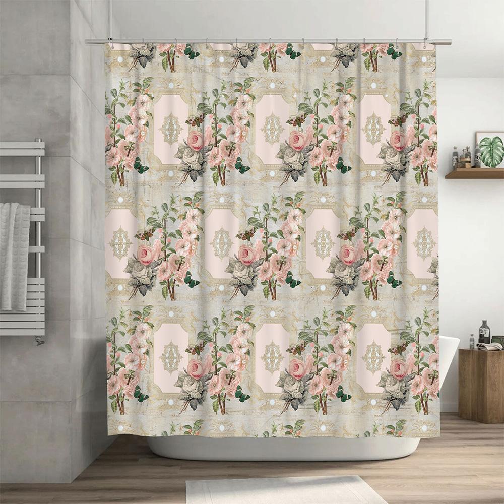 Vintage Floral Print Shower Curtain Pink White Green Decor Bath Rug Cover For Bathroom Size 72 X 84 Inches With Grommets Rustic