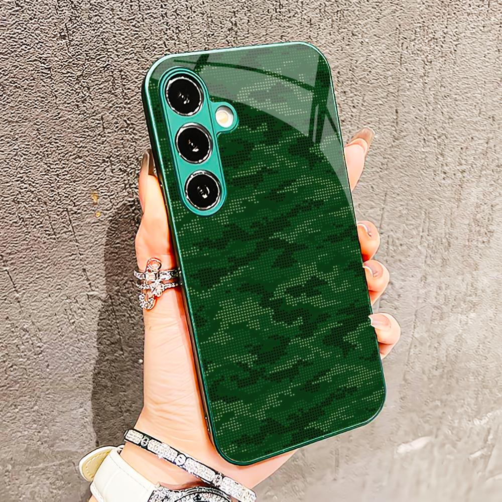 Military camouflage style Glass PhoneCase for Samsung Galaxy S26 S25 S24 S23 S22 FE Ultra Plus Built-in glass green Exquisite