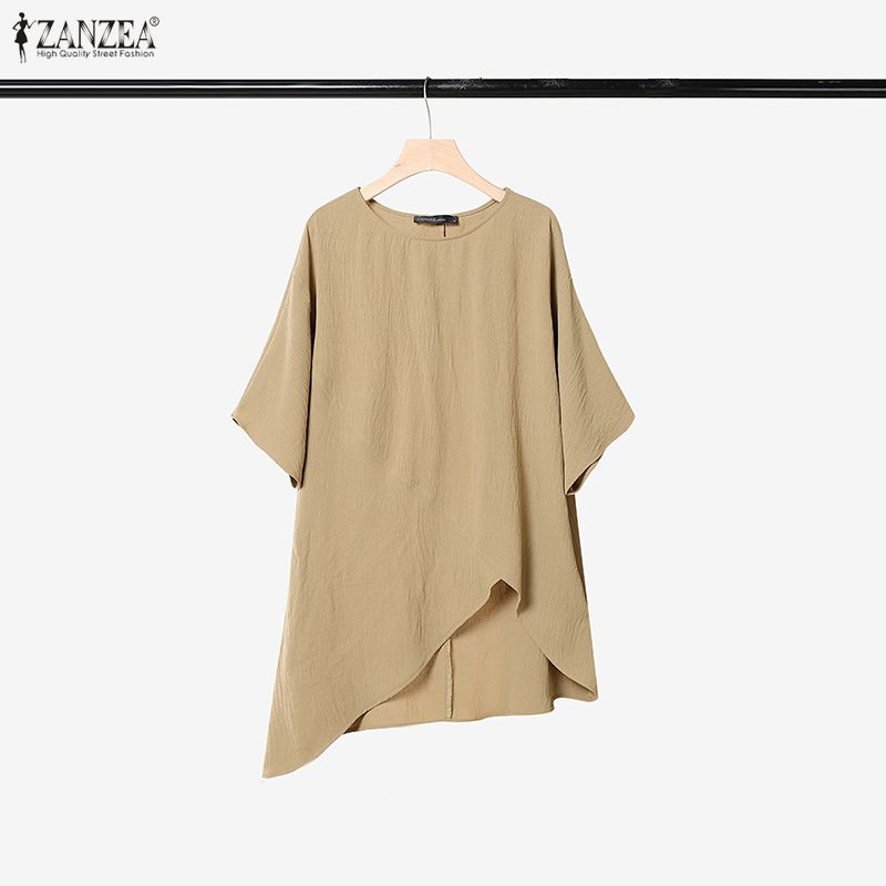 ZANZEA Womens Casual Two Piece Outfit Solid Color Asymmetric Tunic Tops and Wide Leg Pants Sets Loungewear Suits
