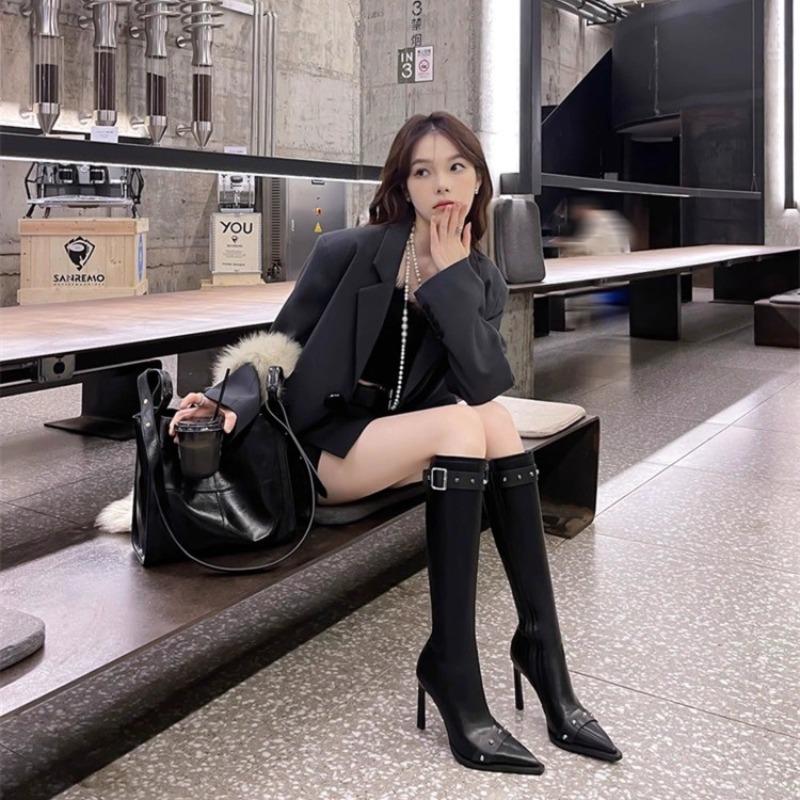 New Style Thin High Heel Women Boots 2024 Pointed Toe Women's High Tube Thinner-looked High Heel Long Boots Zip Boots Mujer D109
