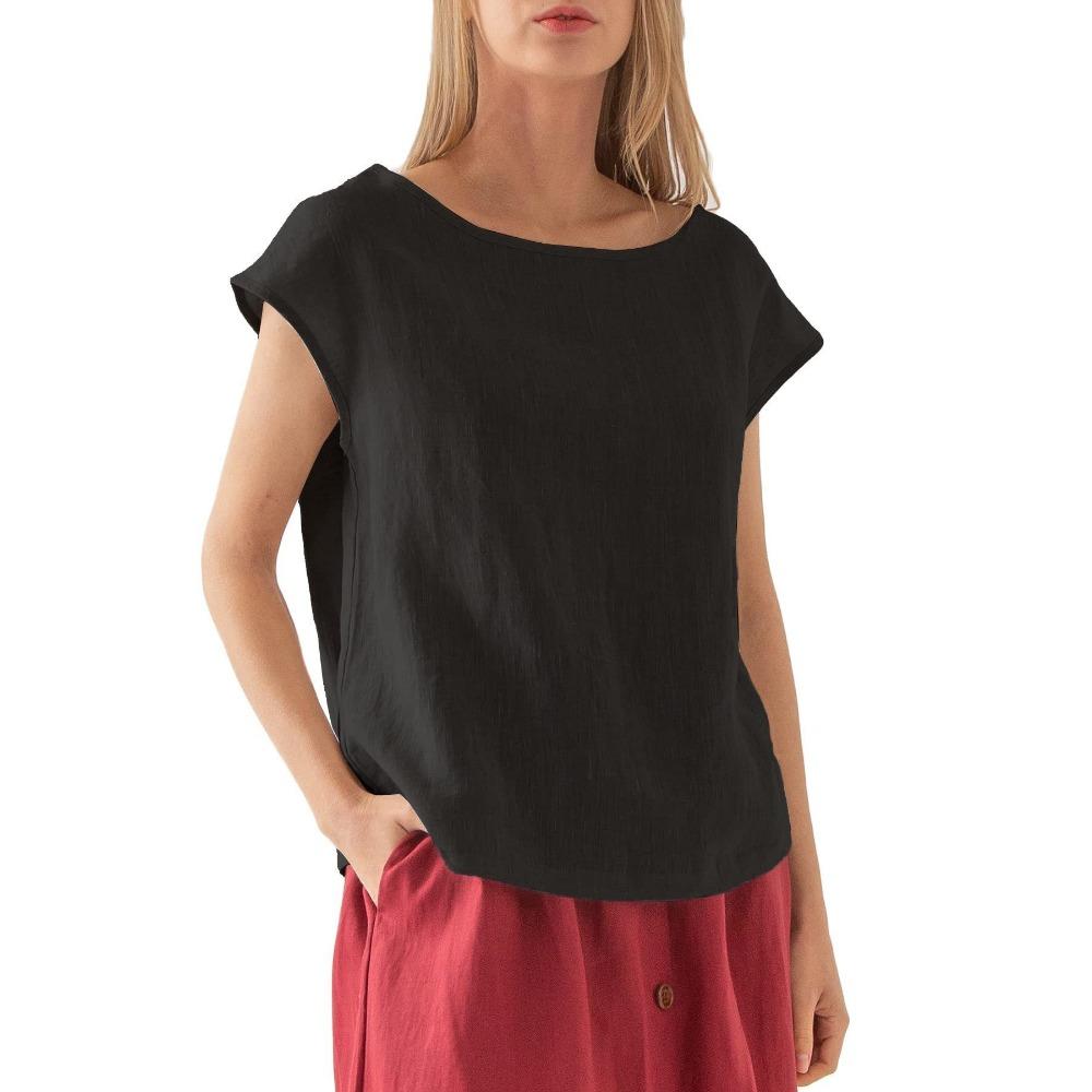 GMXIA Dámské lněné ležérní volné módní tričko s krátkým rukávem, jednobarevný top s kulatým výstřihem