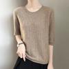 Spring New Knitted Sweater Women's Short-sleeved Crew Neck Pullover Carved Thin Five-quarter-sleeved Top Large-size Bottoming Shirt