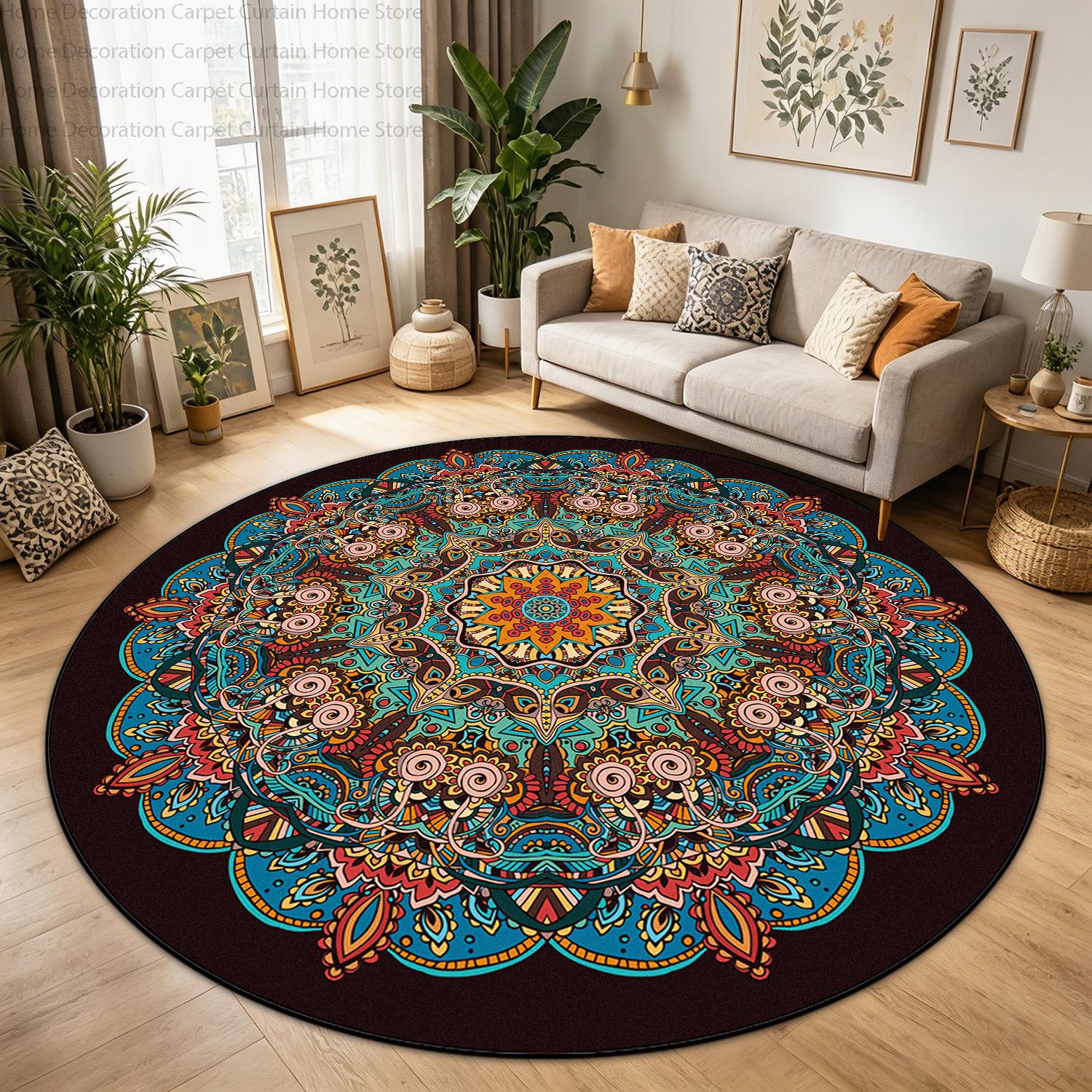 Retro Etnisch Bohemien Groot Rond Tapijt voor Woonkamer Huisdecoratie Vloerkleden Antislip Wasbaar Slaapkamer Entree Pluisvrij Vloerkleed 2.6ft(80x80cm)