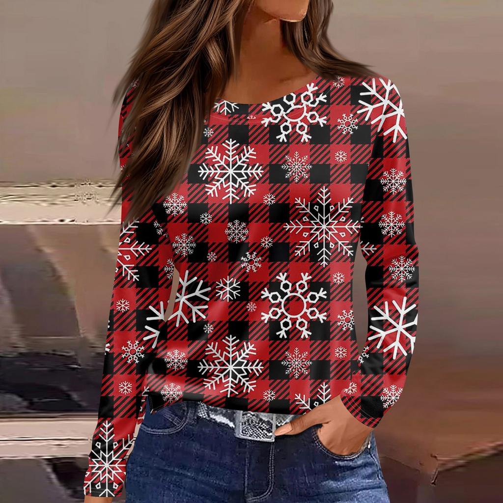 Women's Fashion Casual Slit Hem Round Neck Long Sleeve Loose  Printed T-Shirt Ladies Top