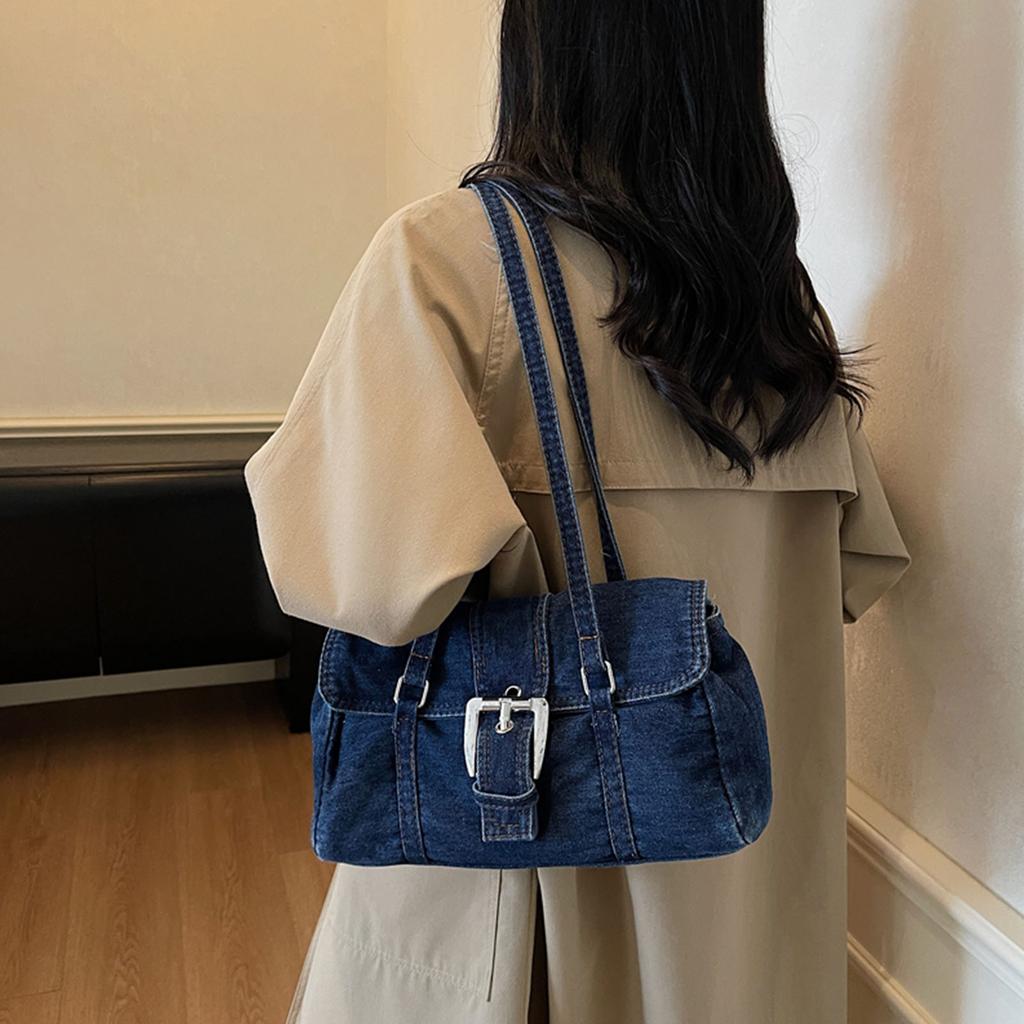Denim Underarm Bag Solid Color Square Shoulder Bags with Top Handle Boston Handbag for Women Travel Shopping Daily Work