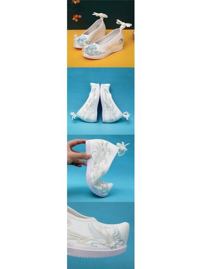 Women's Embroidered Hanfu Shoes - Ancient Style Beaded Floral Shoes with Bow, Upturned Toe, Inner Height Lift, Perfect for Spring and Autumn.
