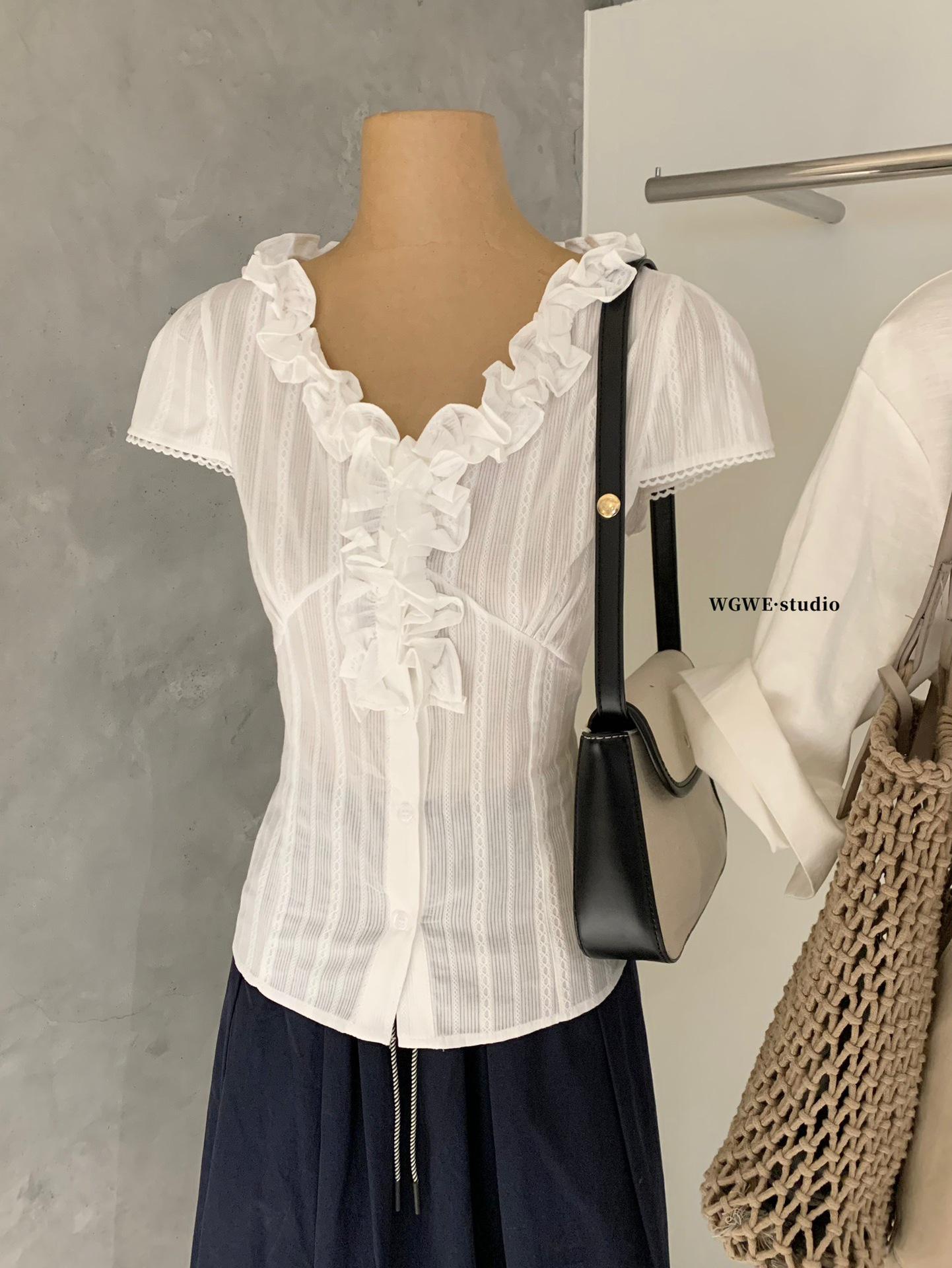 Guangzhou Thirteen Women s Ruffle Short Sleeve Lace Waist Top - Spring/Summer Medium белый