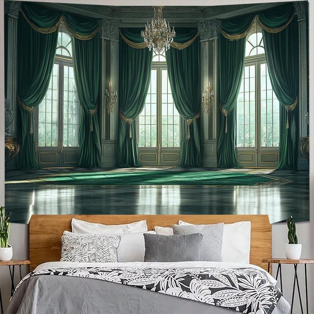 Spring Window View Tapestry Wall Hanging Garden Green Forest Scene Outside Vintage Window Crystal Light Wall Decor For Bedroom