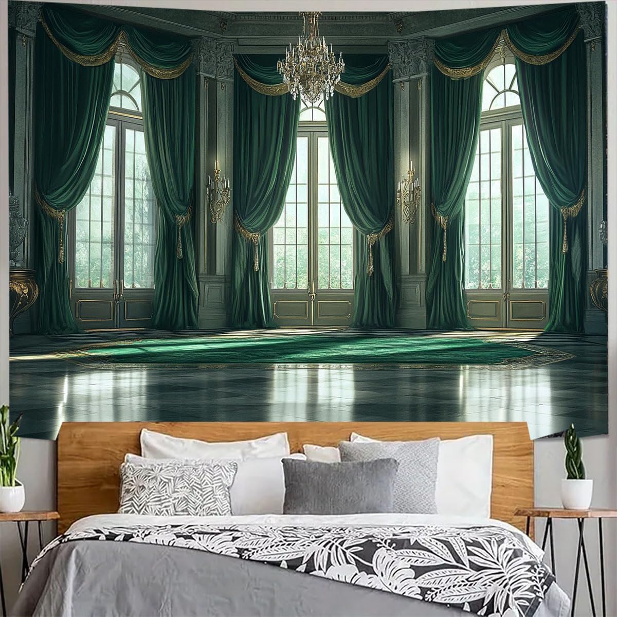 Spring Window View Tapestry Wall Hanging Garden Green Forest Scene Outside Vintage Window Crystal Light Wall Decor For Bedroom 70x100CM