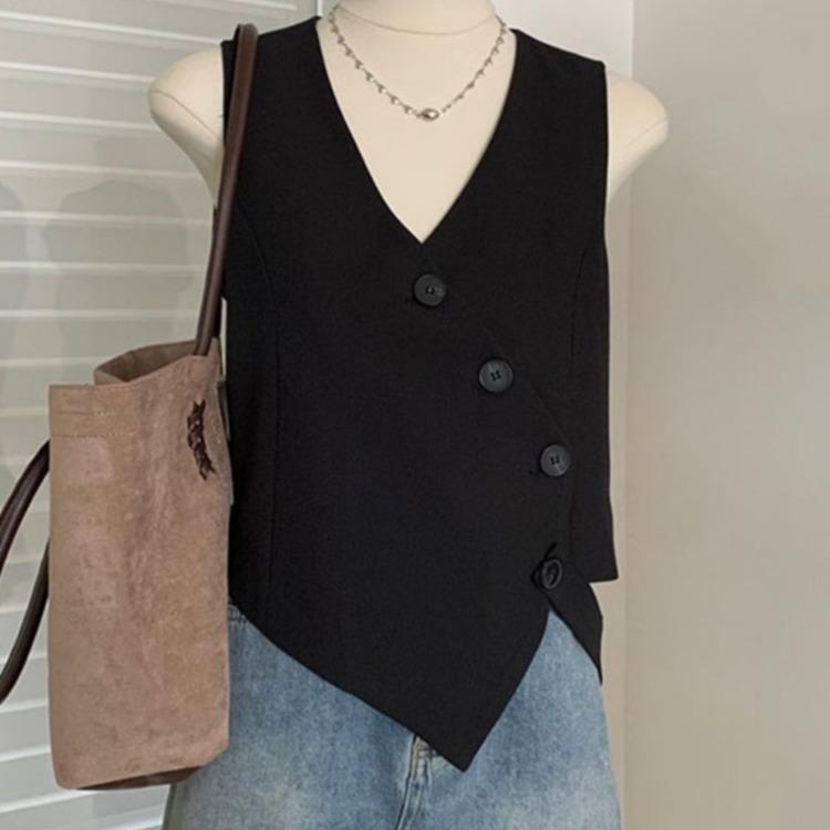Fashionable Irregular Black Short Suit Vest for Women Summer Casual Outfit