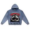 DTG Print Knitted Denim Zip-Up Hoodie Shark Graphic Brother Print Zipper Hoodies  
