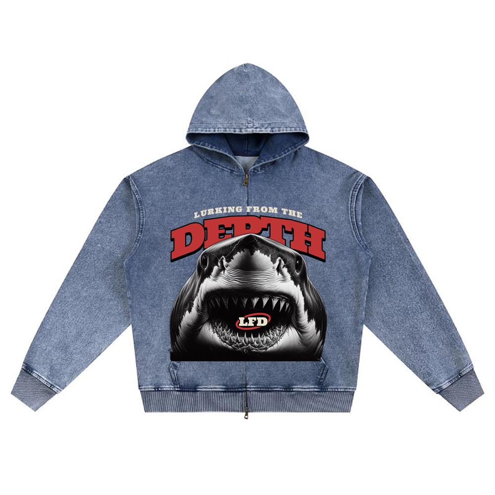DTG Print Knitted Denim Zip-Up Hoodie Shark Graphic Brother Print Zipper Hoodies  