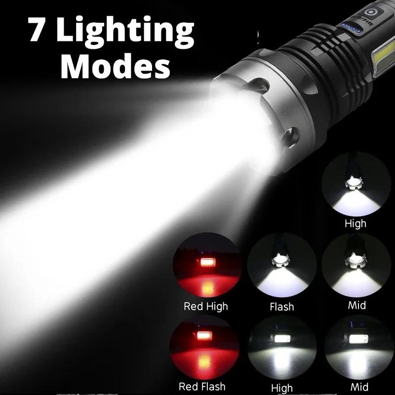 5000LM Rechargeable Torch XHP70 Super Bright Lantern High Power LED Flashlight COB Side Light Lamp USB Waterproof Camping