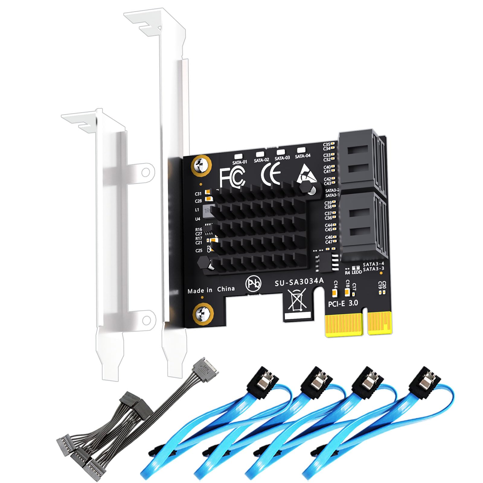 

GLOTRENDS SA3034A 4 Port PCIe Expansion Supports OS Includes SATA Cable and SATA Splitter Power Compatible with Mac NAS SATA3.0 Card, Boot, 15 Cable,