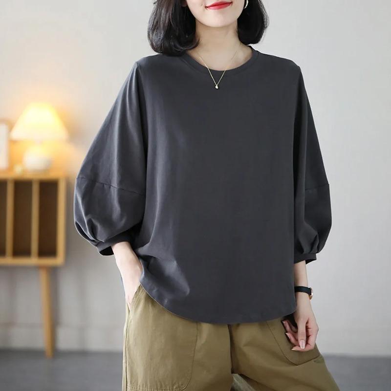 Women Crew Neck Puff Three Quarter Sleeve Cotton Tee Loose Oversized Curved Hem Casual Basic Blouse