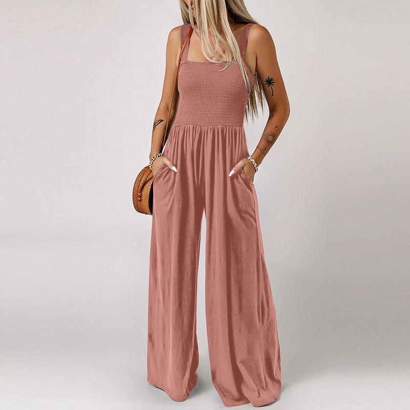 2024 Summer New Arrival Black Square Collar Smocking Jumpsuit Women European and American Leisure Slim Looking Suspenders Loose Pants Women