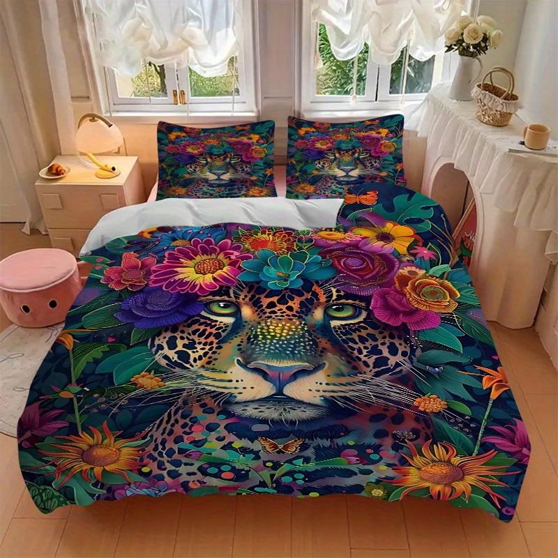 3pcs Floral Leopard Print Bedding Set, Breathable And Soft, Suitable for All Seasons Machine Washable, Suitable for Bedroom Decoration,yy250822196