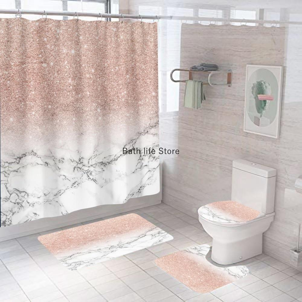 White Marble Shower Curtain Luxury Golden Modern With Non Slip Rug Mat Bathroom Curtain Waterproof Polyester Home Decor 180x180