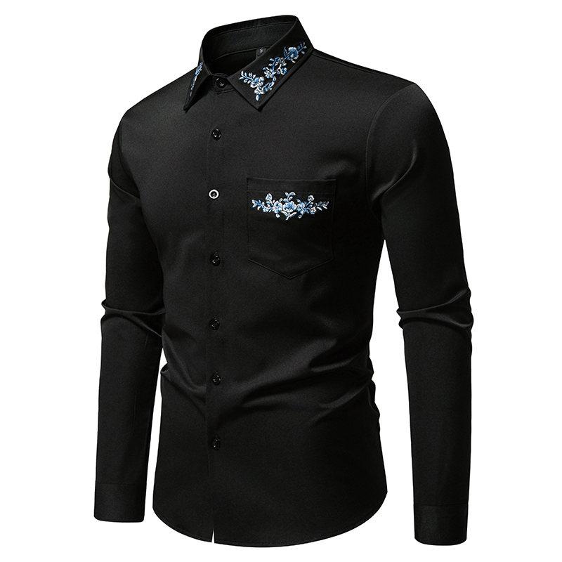 Autumn Fashion Men's Embroidered Design Long Sleeve Shirt High Quality Vintage Luxury Male Casual Social Wedding Party Business