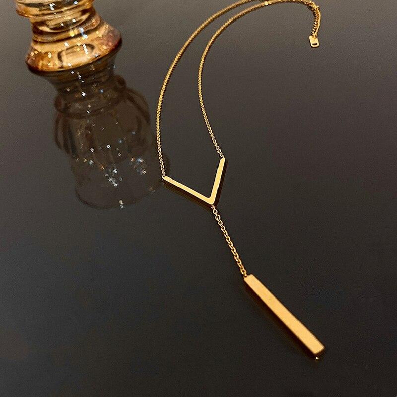 1PC Gold-color Stainless Steel Long Bar Tassel Paragraph V Shaped Collarbone Necklace Female Holiday Party Minimalist Style