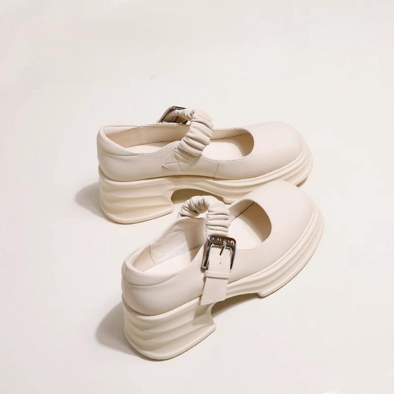 Thick-soled White Mary Jane Shoes Women's 2025 Spring New French Small Leather Shoes Thick Heel Light Mouth Rhinestone Buckle Sandals