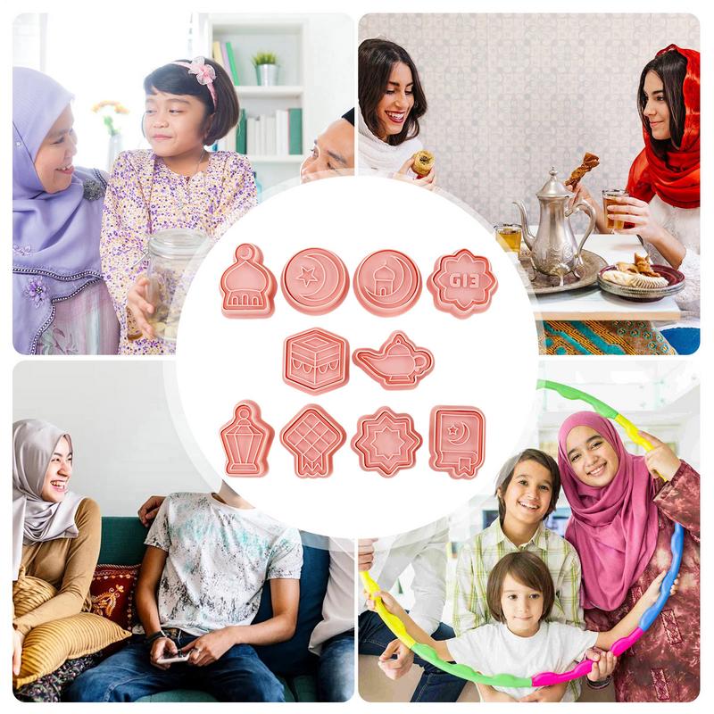 10 Pcs Eid Mubarak Cookie Cutters Food Grade Materials Moon Star Pressable Biscuits Mold Cookie Stamp Kitchen Baking Tool