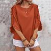 Women Tops Round Neck Lace Trim 3/4 Sleeve Pullover Tops Solid Color Loose Fit Spring Summer Tee Shirt Daily Wear