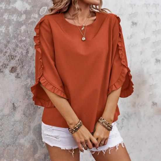 Women Tops Round Neck Lace Trim 3/4 Sleeve Pullover Tops Solid Color Loose Fit Spring Summer Tee Shirt Daily Wear
