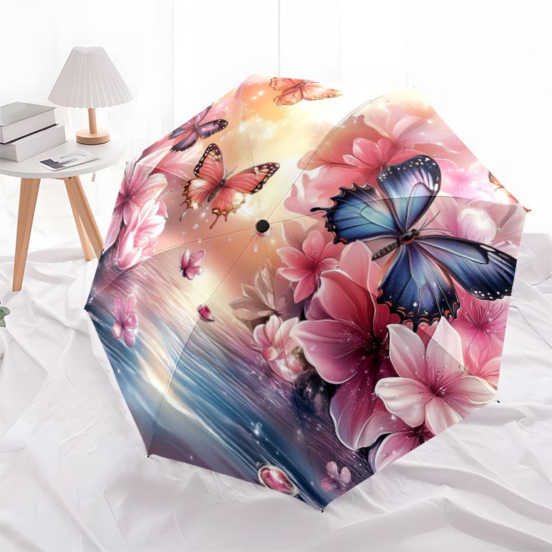 

0106 Pink Parrot, Butterfly & Peacock pattern, automatic folding umbrella, portable and foldable design, 8 ribs, a Christmas or birthday gift.