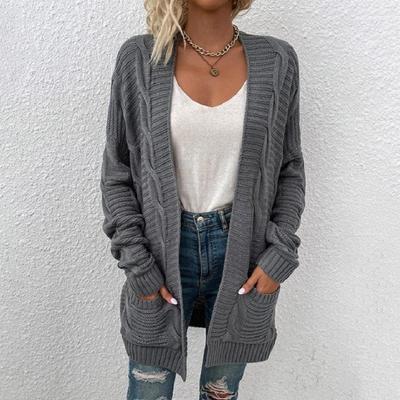 Autumn and Winter Loose Casual Twist Knitted Cardigan European and American Pocket Medium and Long Sweater Jacket