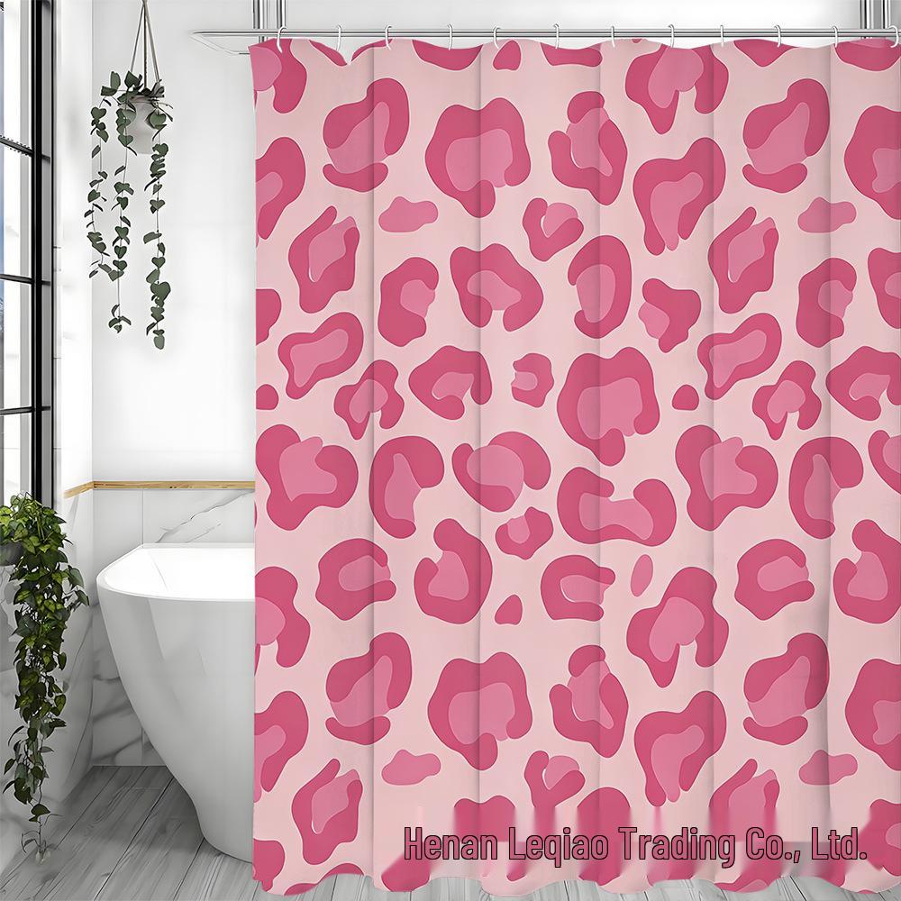 Pink Leopard Shower Curtain Set: Includes Curtain, Non-slip Bath Mat, Toilet Seat Cover, Bathroom Mat, & 12 Hooks.