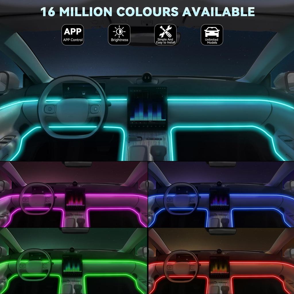 Flexible EL Wire Lights with App Control Ambient Atmosphere Strip Light Decorative Lamps 12V Car Interior Neon RGB Led Strip