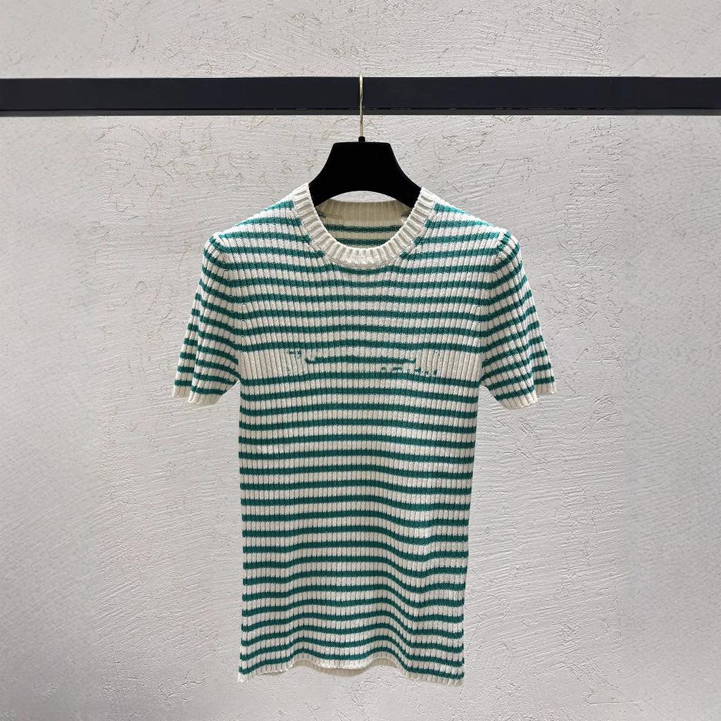 26 Years of New College Style Striped Knitted Top Women's Crew Neck Series Contrasting Color Splicing Striped Elastic Knitted Top