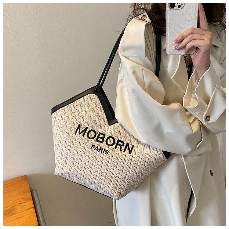 2025 Snygg Strandväska i Halm för Resor för Kvinnor: Mångsidig flätad axelväska