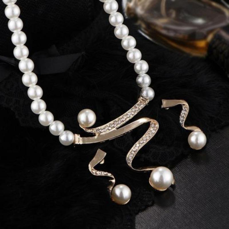Rhinestone Faux Pearl Beaded Necklace Stud Earrings Bridal Wedding Jewelry Set
