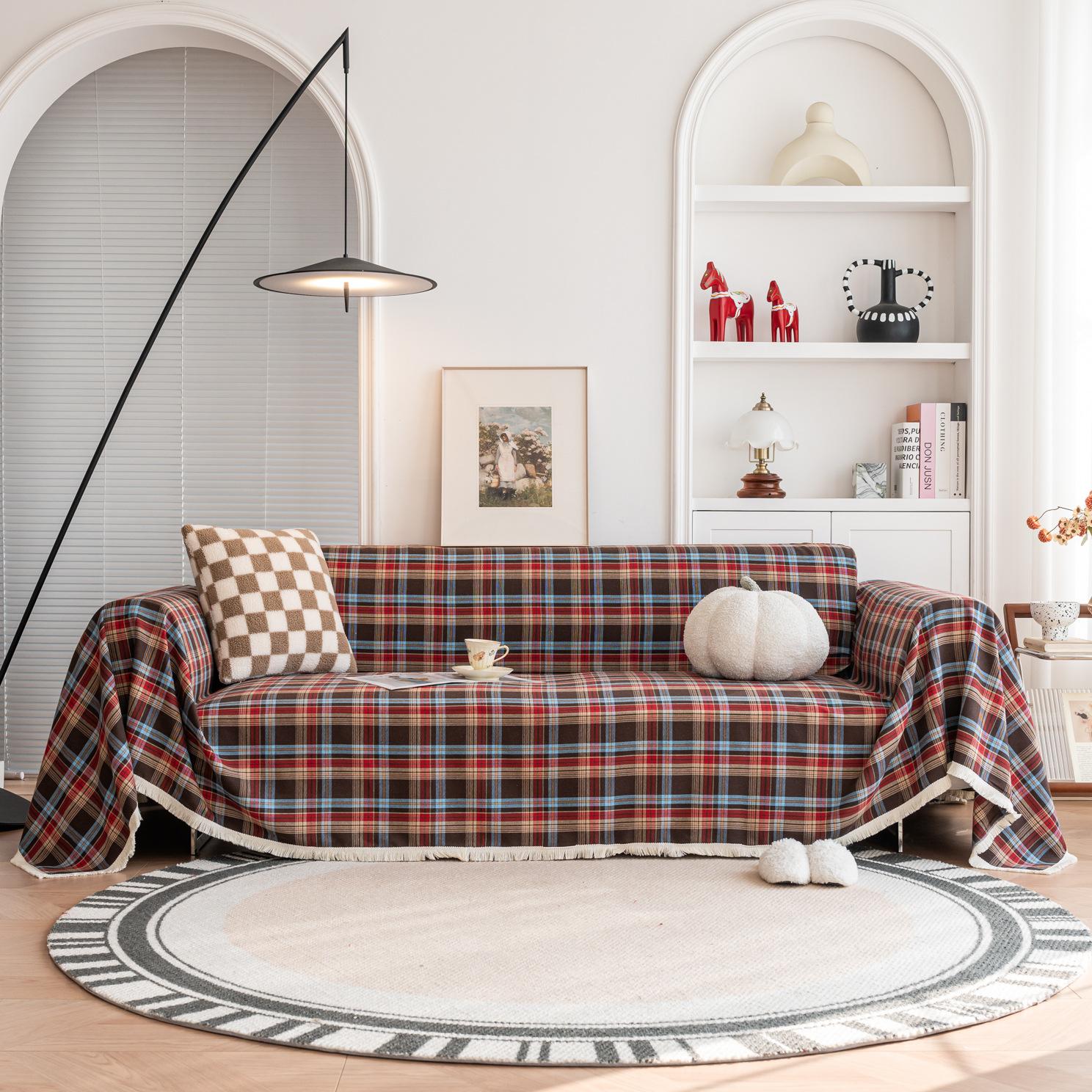 

Sofa Furniture Towel with Full Caseage Ins Plaid Style Camping Blanket Living Sofa Cushion Pad Case All Season Universal Christmas Couch Decorate 180x140cm