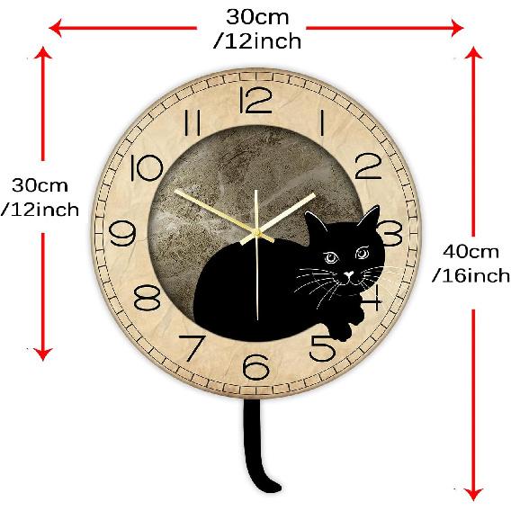 Black Cat Clock with Moving Tail Vintage, Funny Cat Wall Clock with Swinging Tail Silent Non Ticking Battery Operated Creative DIY Pendulum Wall