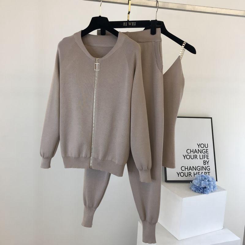 3 Piece Set Women Knitted Set Zipper Cardigan Jacket+pencil Pant+camisole Matching Sets Purple Black Khaki Outfits for Women