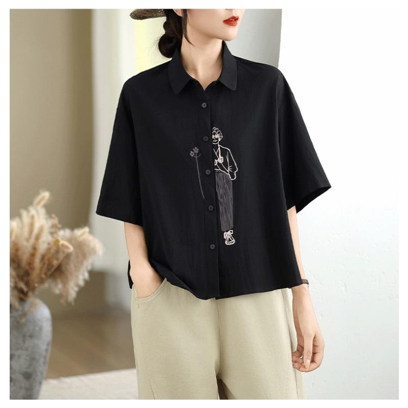 DIMANAF 2026 Women Plus Size New Summer Blouse Shirt Short Sleeve Casual Loose Embroidery Lady Tops Shirts Cotton