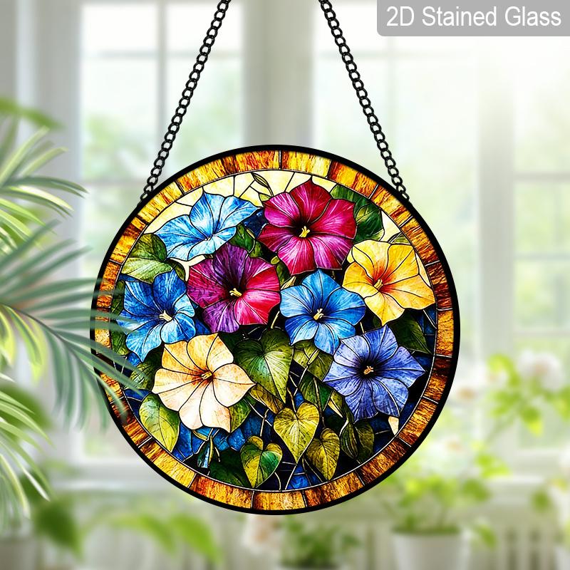 2D Flat, 1pc Morning Glory Round 7.87in Glass Suncatcher, Multicolor Morning Glory Floral Print Window Hanging Ornament, Climbing Flower Home Decor